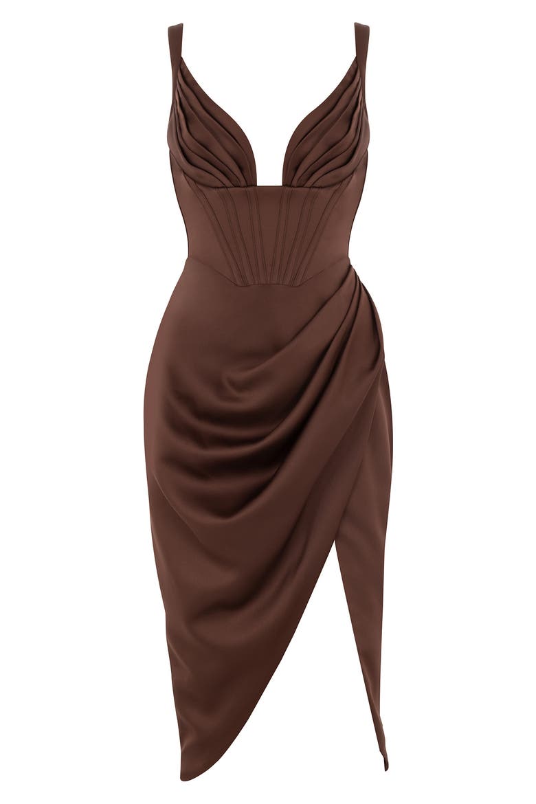 Faye Satin Pleated Midi Dress, Alternate, color, CHOCOLATE