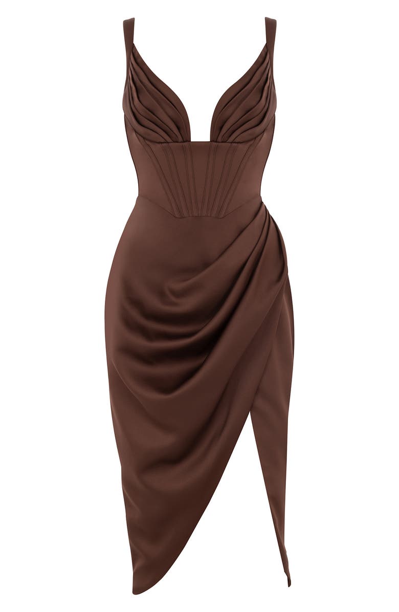 HOUSE OF CB Faye Satin Pleated Midi Dress, Alternate, color, Chocolate