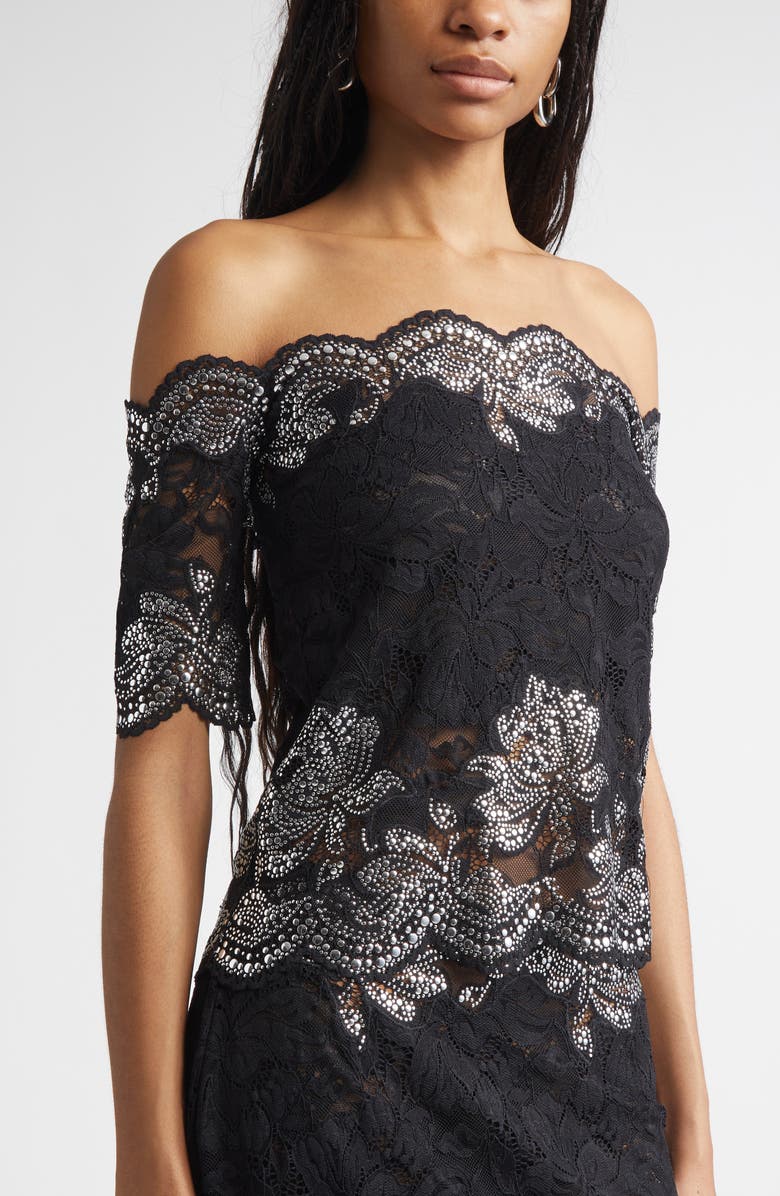Rabanne Stud Embellished Off the Shoulder Lace Top, Alternate, color, Black