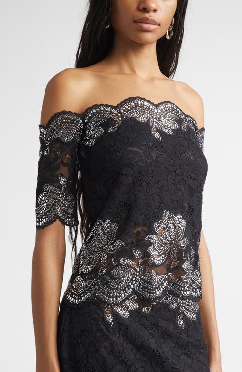 Rabanne Stud Embellished Off The Shoulder Lace Top In Purple