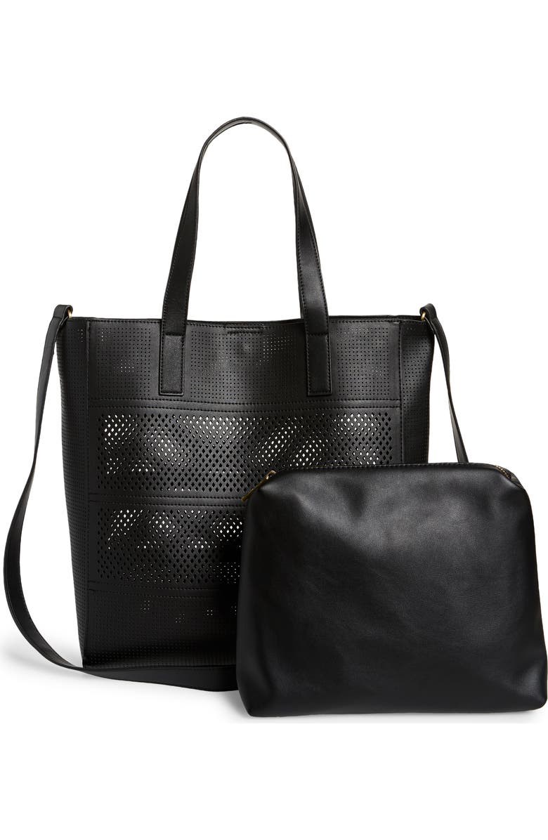 Street Level Laser Cutout Faux Leather Tote, Alternate, color,