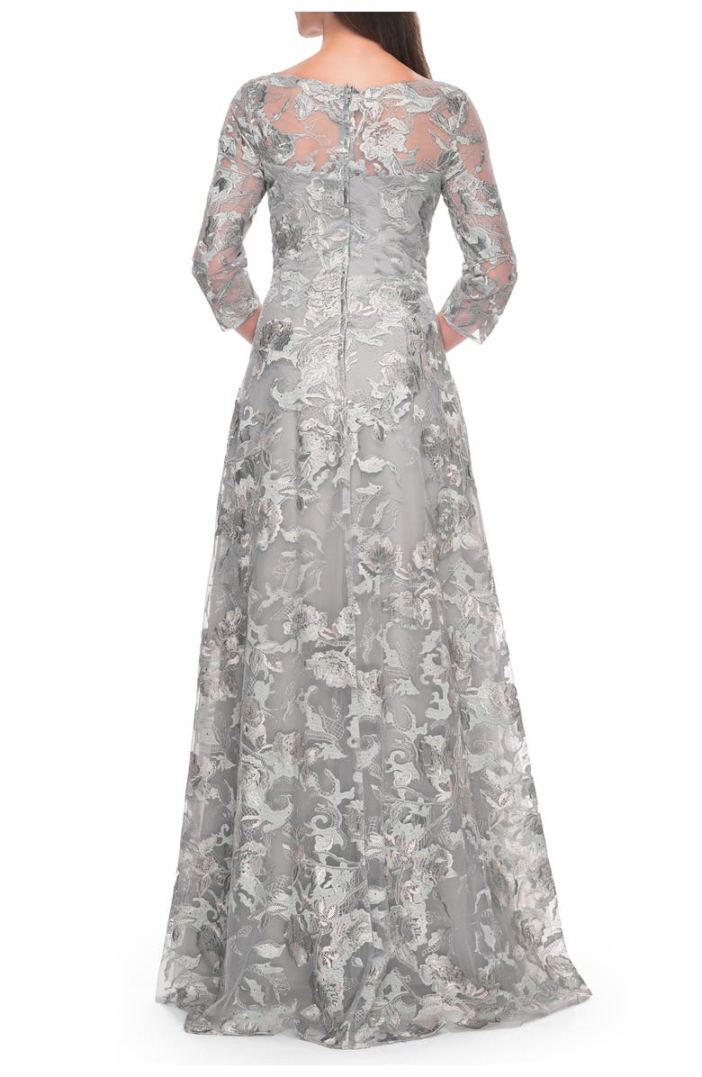 La Femme Unique Silver Lace Mother of the Bride Gown with Sleeves, Alternate, color, Silver/Slate