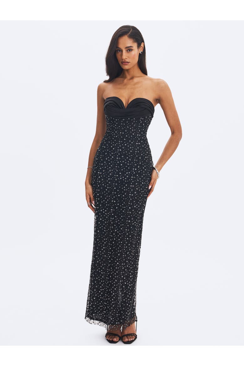 Preslie Satin & Crystal Mesh Sheath Maxi Dress, Alternate, color, Black