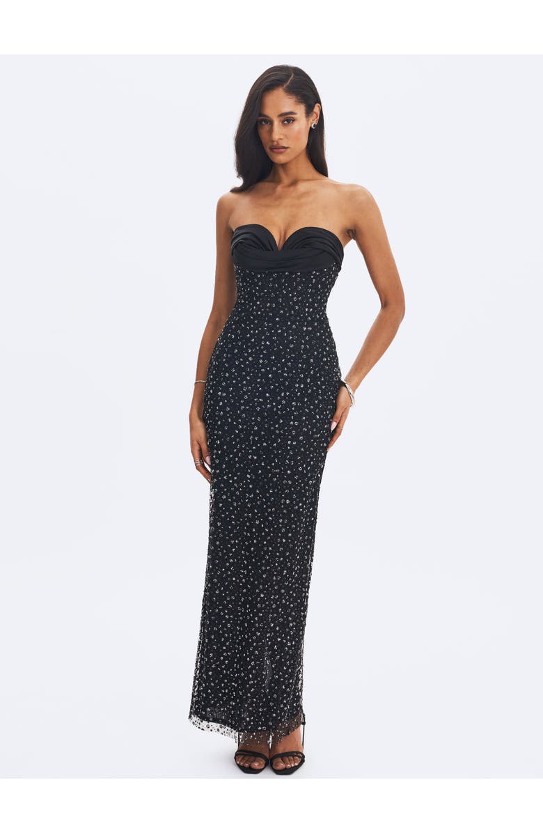 Miss Circle Preslie Satin & Crystal Mesh Sheath Maxi Dress, Alternate, color, Black