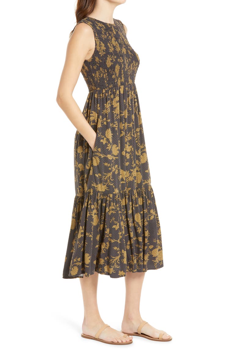 Smocked Sleeveless Midi Dress, Alternate, color, BROWN LATTE VINTAGE FLORAL