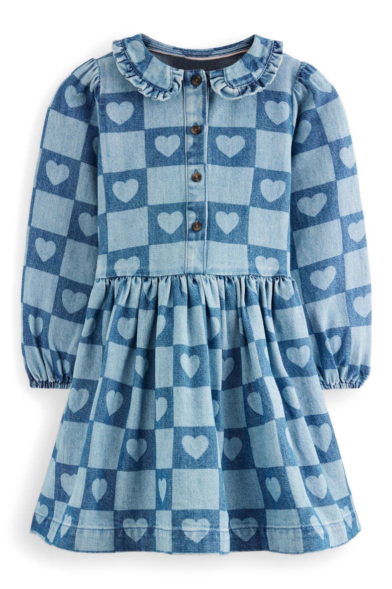 Kids' Heart Checks Print Long Sleeve Denim Shirtdress, Main, color, DENIM HEART STAMP