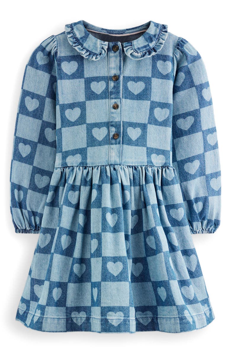 Mini Boden Kids' Heart Checks Print Long Sleeve Denim Shirtdress, Main, color, Denim Heart Stamp