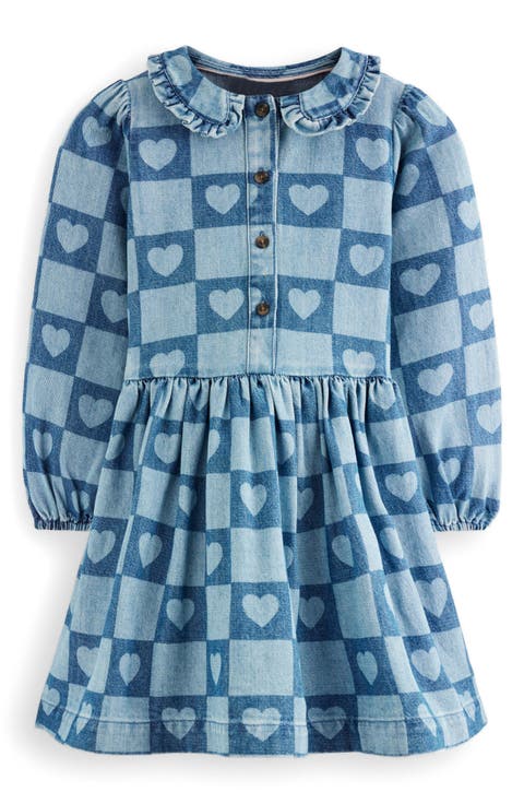 Kids' Heart Checks Print Long Sleeve Denim Shirtdress (Toddler, Little Kid & Big Kid)