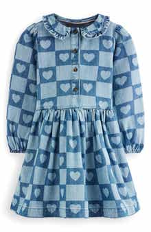 Kids' Heart Checks Print Long Sleeve Denim Shirtdress