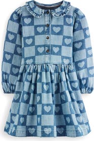Mini Boden Kids' Heart Checks Print Long Sleeve Denim Shirtdress