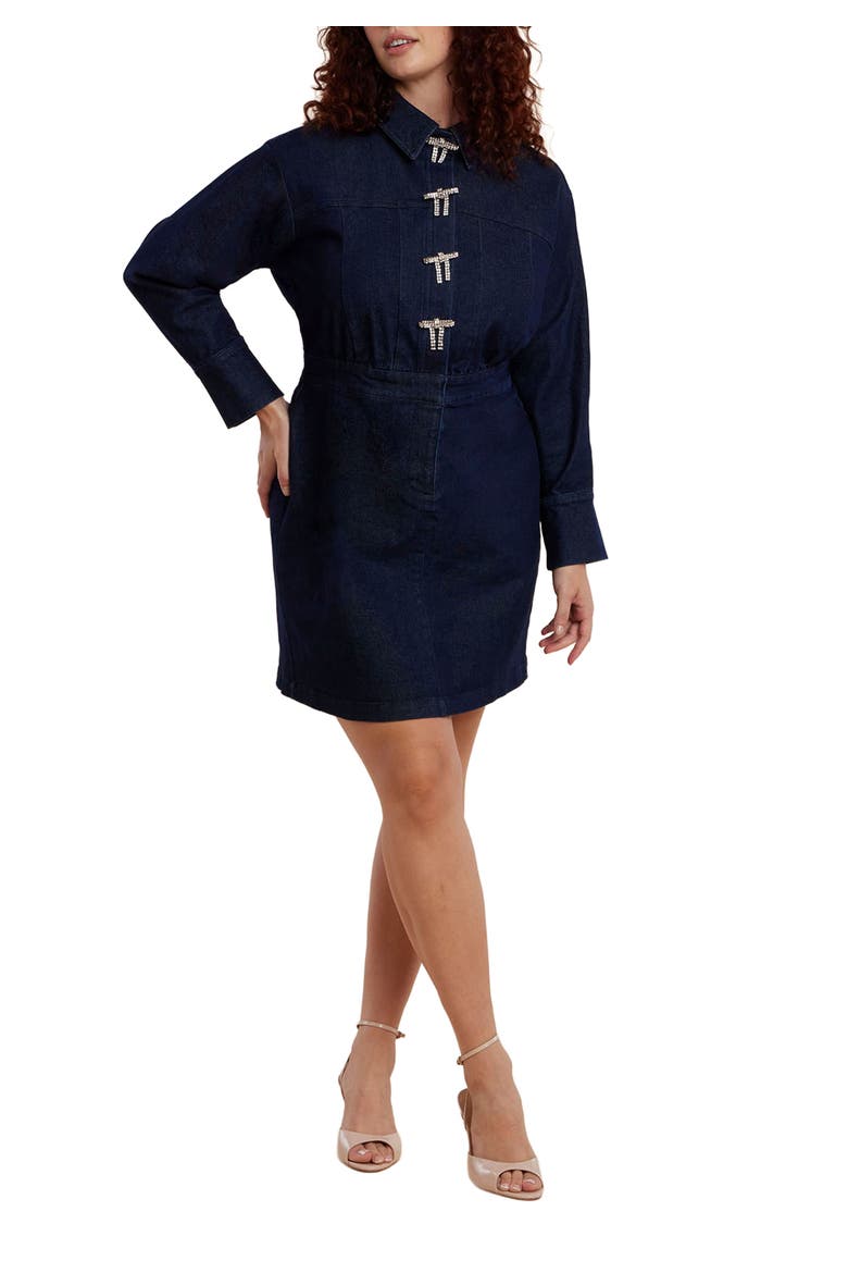Denim Mini Dress With Rhinestone Bows, Main, color, DARK WASH