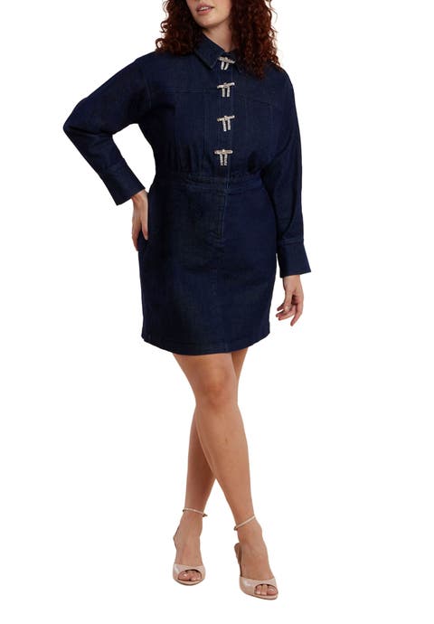 Denim Mini Dress With Rhinestone Bows (Plus Available)