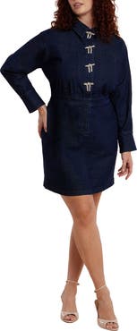 ELOQUII Denim Mini Dress With Rhinestone Bows