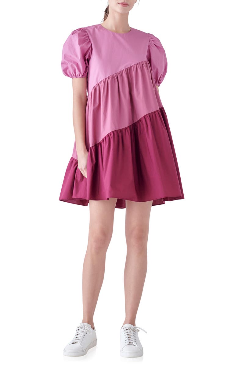 English Factory Colorblock Puff Sleeve Shift Dress, Main, color, Orchid Multi