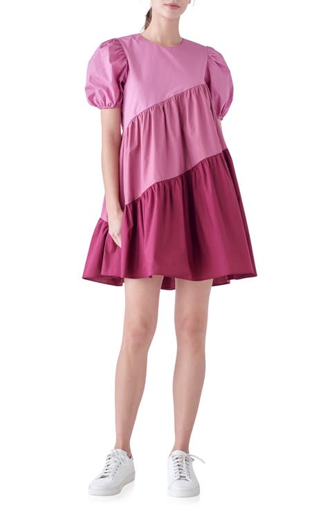 Colorblock Puff Sleeve Shift Dress