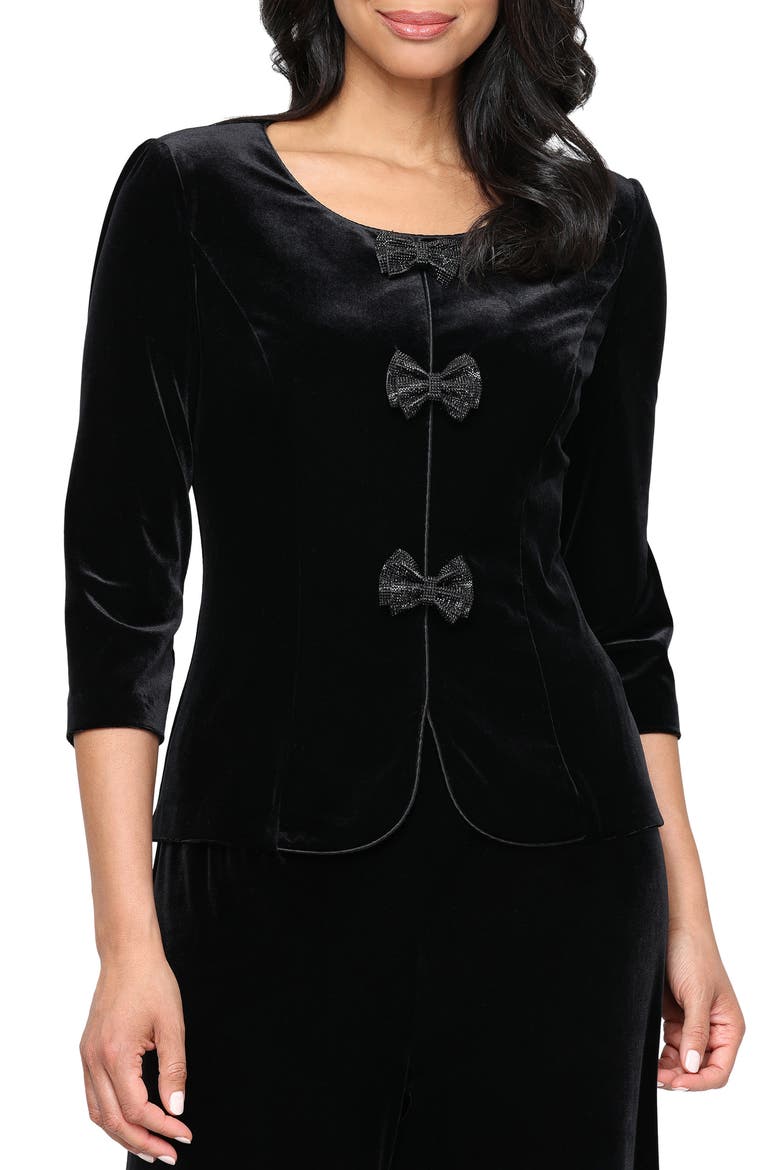 Stretch Velvet Embellished Bow Top, Main, color, BLACK