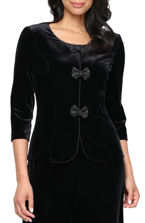 Stretch Velvet Embellished Bow Top