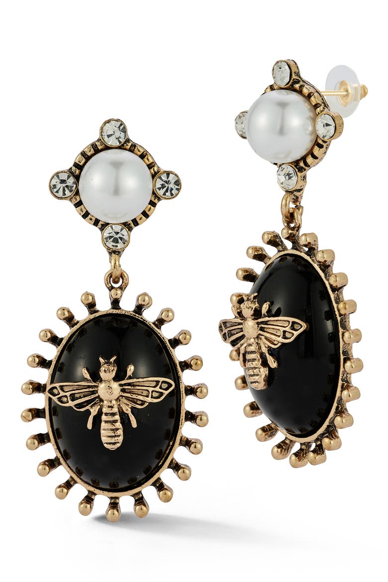 Faux Pearl Bee Oval Drop Earrings, Main, color, GOLD/BLACK