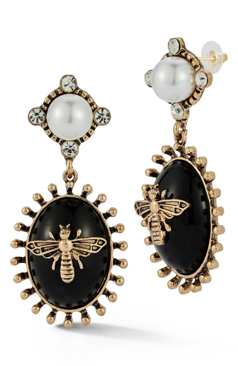 SPHERA MILANO Faux Pearl Bee Oval Drop Earrings, Main, color, Gold/Black