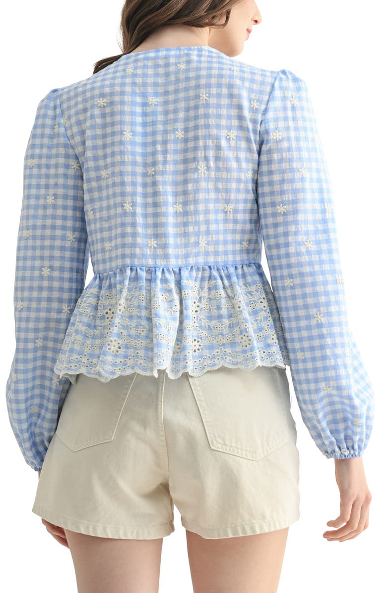 Lush Gingham Eyelet Long Sleeve Peplum Top, Alternate, color, Blue