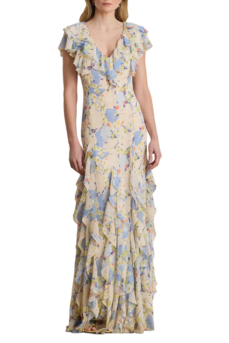 Floral Ruffle Gown, Main, color, BLUE/ MULTI
