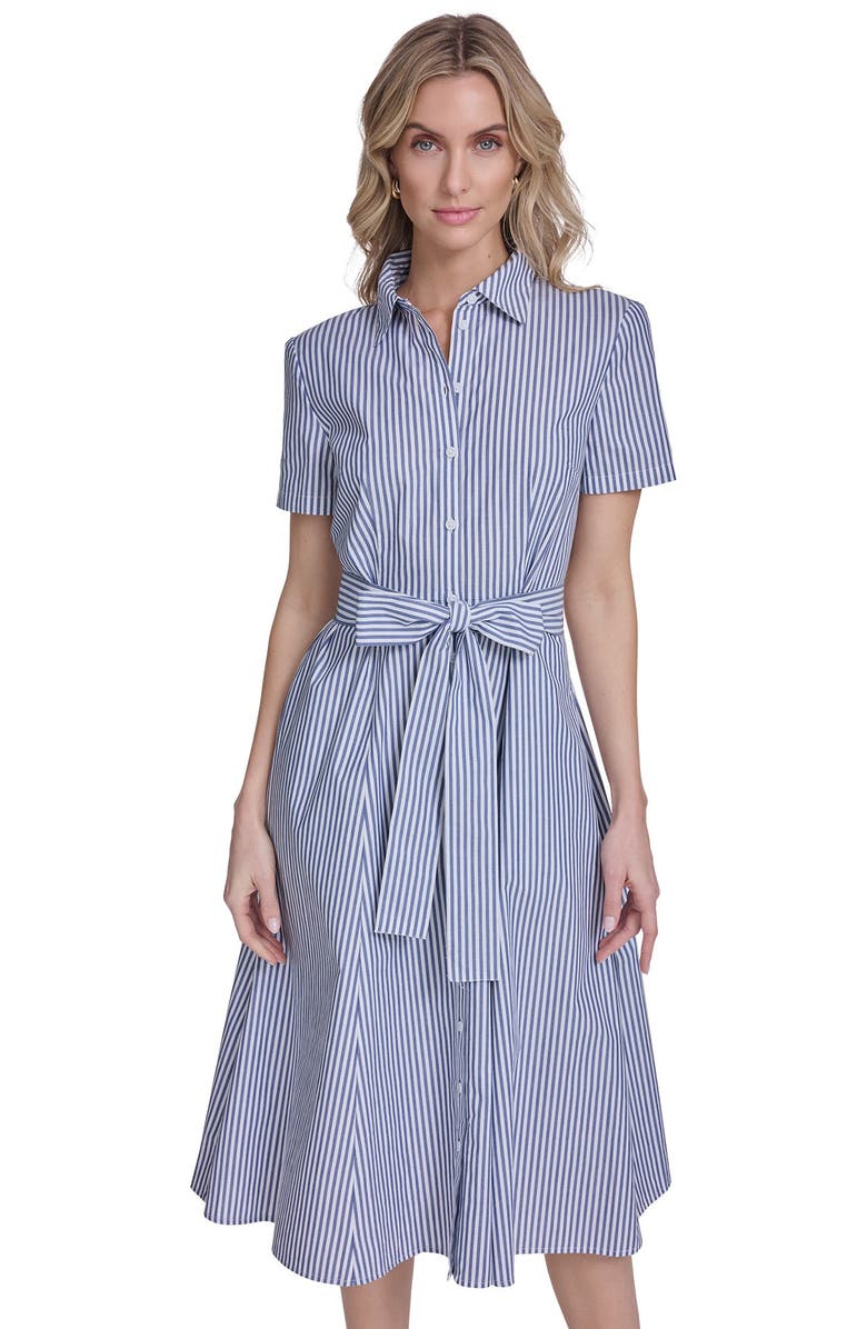 Tommy Hilfiger Stripe Short Sleeve Cotton Shirtdress, Alternate, color, Bright White/ Marina Blue