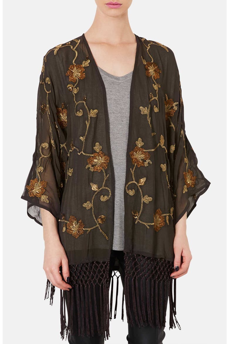 Embroidered Kimono Cardigan, Main, color, CHARCOAL