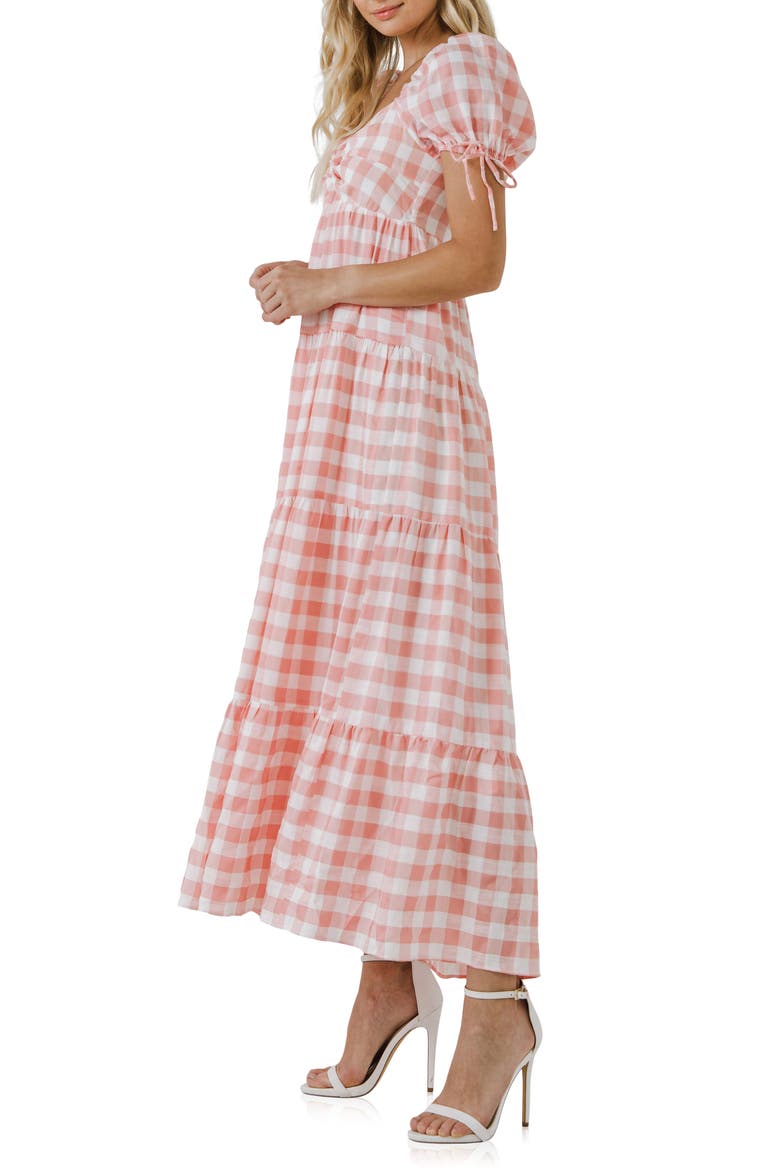Gingham Knot Tiered Cotton Blend Midi Dress, Alternate, color, PINK