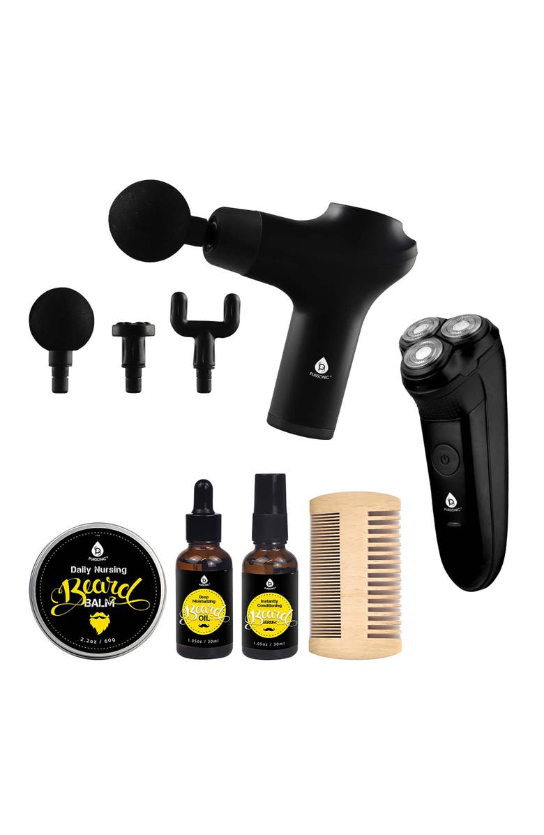 PURSONIC The Ultimate Men's Grooming & Relaxation Bundle Beard Care, Electric Shaver, and Massage Gun, Main, color, Black