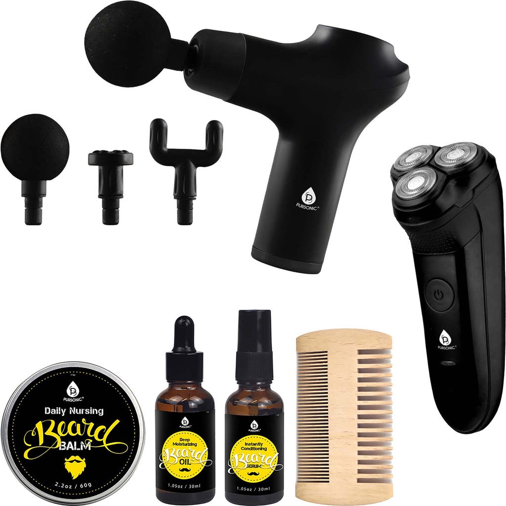 Pursonic Grooming & Relaxation Bundle Beard Care, Electric Shaver, And Massage Gun In Black