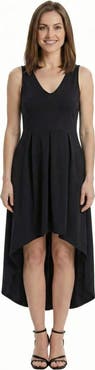 24seven Comfort Apparel Elevate Petite Sleeveless V-Neck Pleated Fit N Flare Pocket Midi Dress