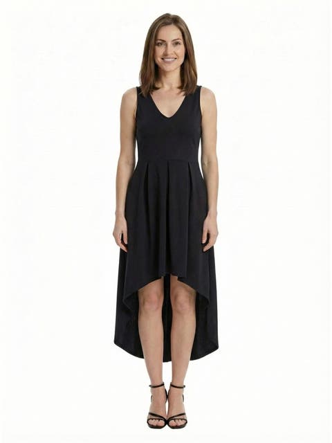 24seven Comfort Apparel Elevate Petite Sleeveless V-Neck Pleated Fit N Flare Pocket Midi Dress