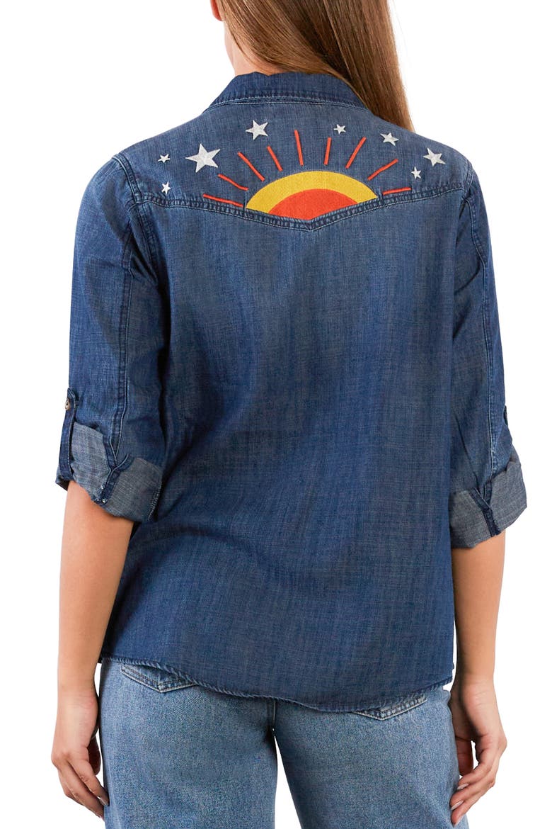 Hello Sunshine Embroidered Button-Up Shirt, Alternate, color, DUSK DENIM