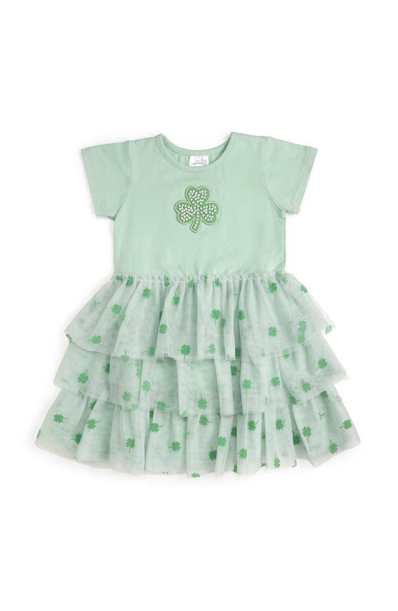 Sweet Wink Flocked Shamrock St. Patrick
s Day Tiered Short Sleeve Tutu Dress, Main, color, Mint Green