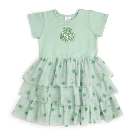 Flocked Shamrock St. Patrick
s Day Tiered Short Sleeve Tutu Dress (Baby, Toddler 
Little Kid)