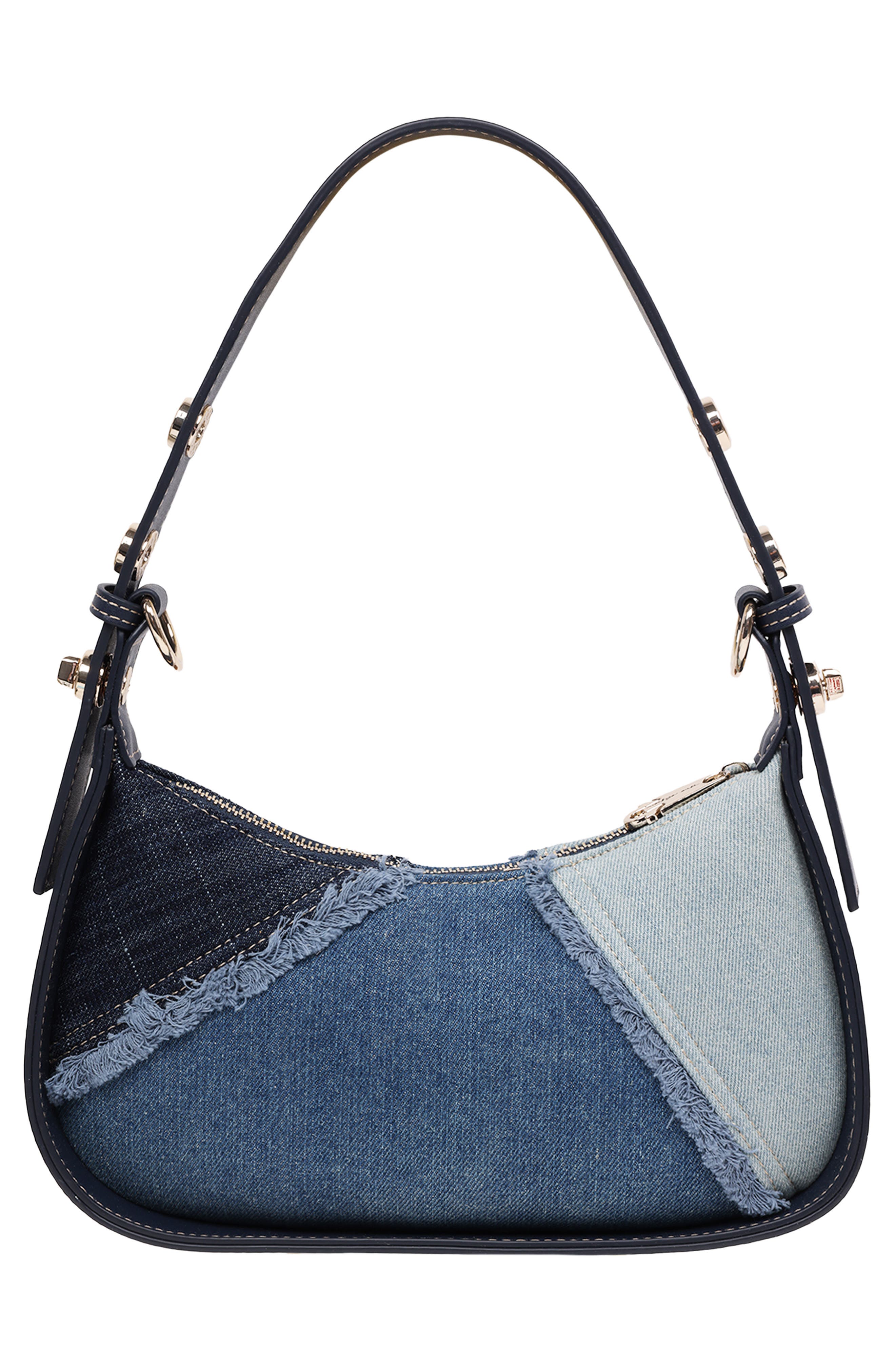 True Religion Frayed Denim Horseshoe Shoulder Bag, Alternate, color, Denim/ Blue
