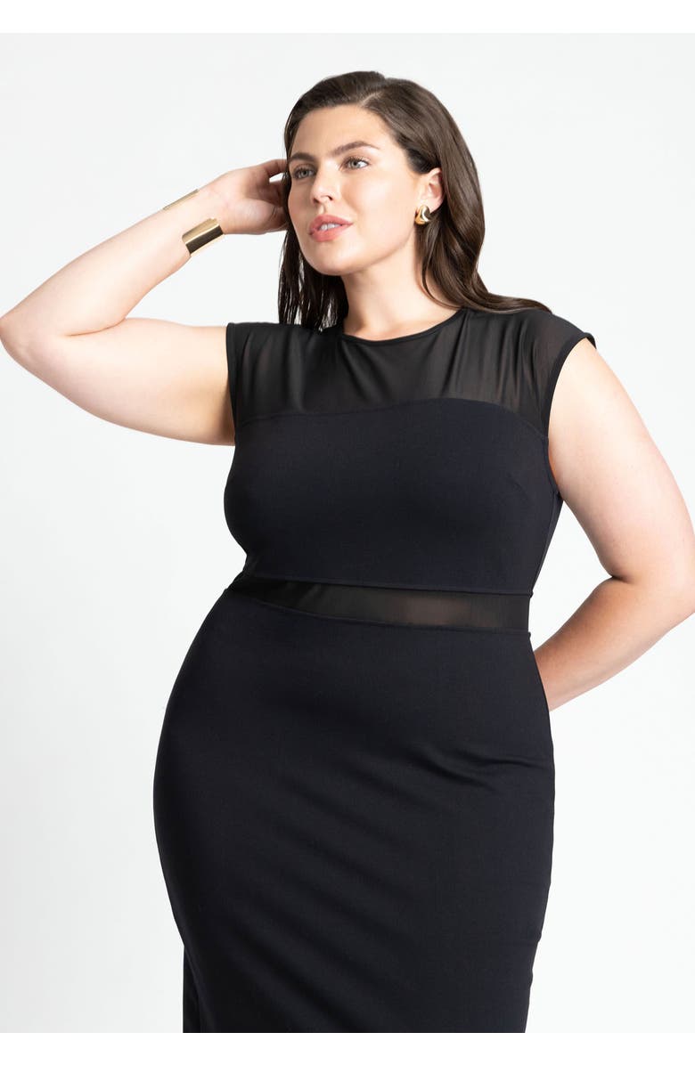 ELOQUII Cap Sleeve Mesh Midi Dress, Alternate, color, Black Onyx