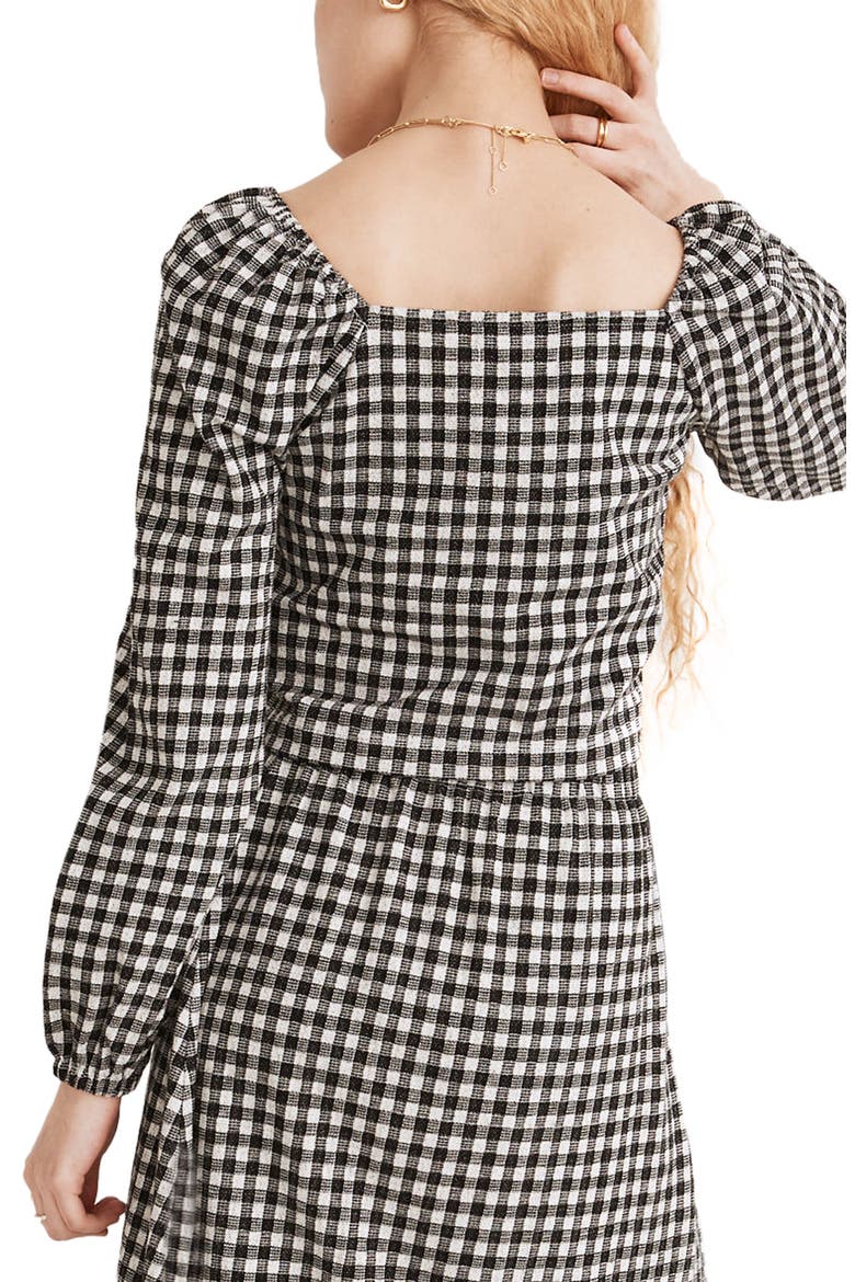 Gingham Puff Sleeve Button Front Crop Top, Alternate, color, TRUE BLACK