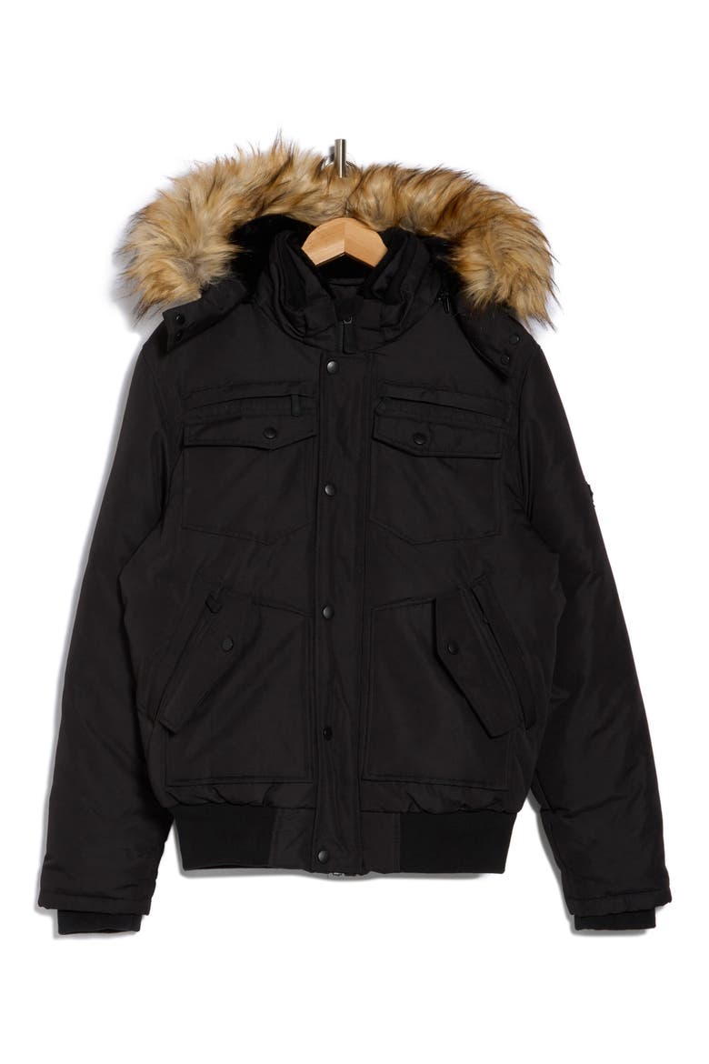 Faux Fur Trim Bomber Jacket, Alternate, color, BLACK/RACCOON