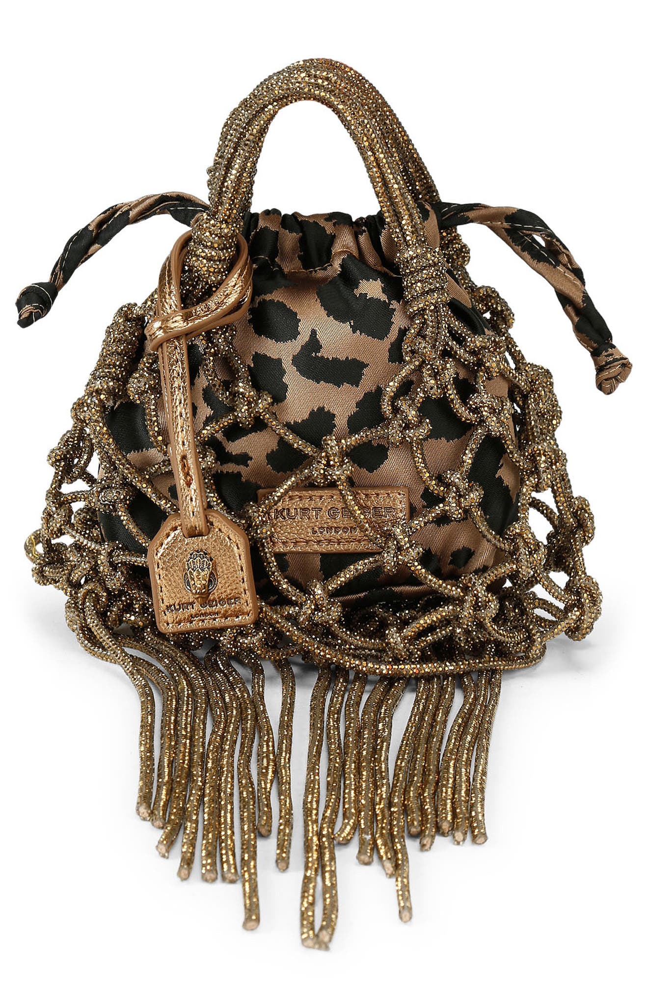 Kurt Geiger London Mini Macramè Crystal Drawstring Bag, Main, color, Open Brown