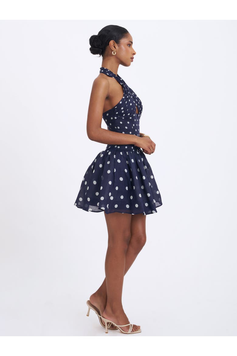 Yamina Polka Dot Ramie Crossover Halter Gathered Mini Dress, Alternate, color, Navy