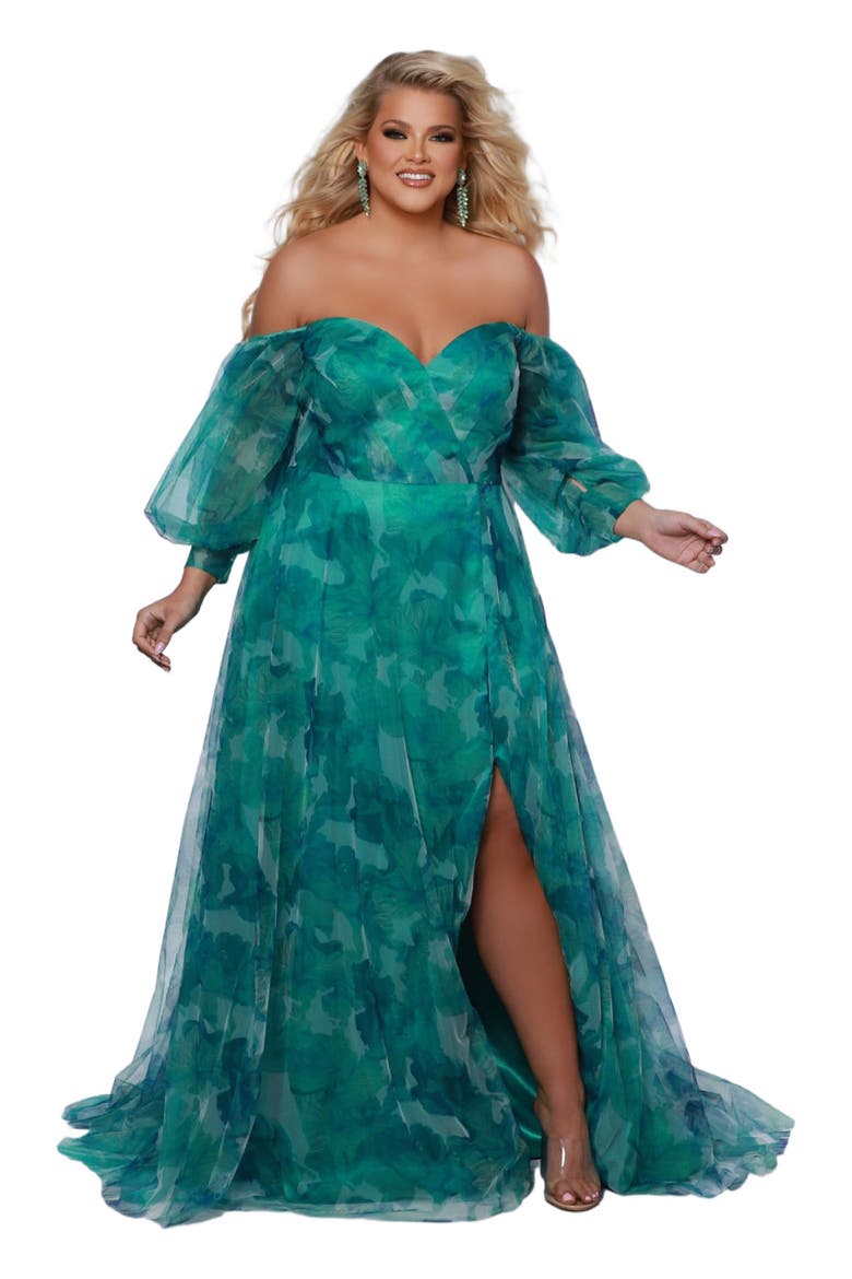 Floral Strapless Sweetheart Neckline Plus Size A-Line Gown, Alternate, color, Green Floral
