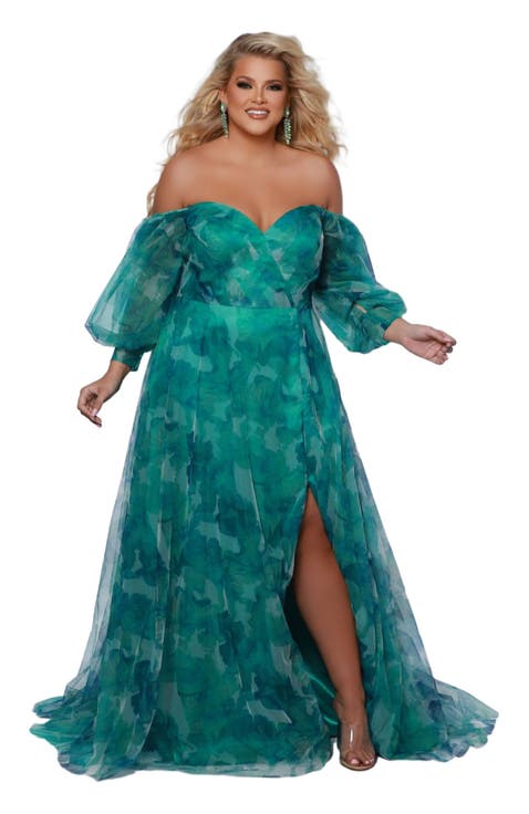 Floral Strapless Sweetheart Neckline Plus Size A-Line Gown