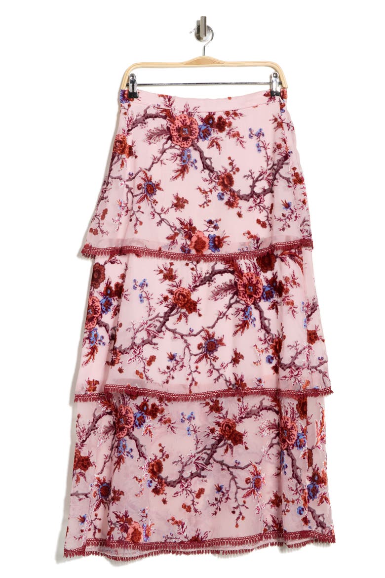 Floral Burnout Tiered Maxi Skirt, Alternate, color, ROSE