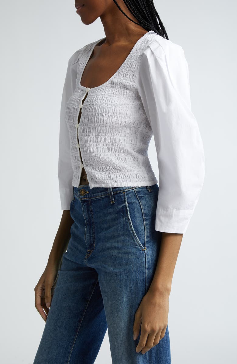 Ganni Shirred Lantern Sleeve Organic Cotton Poplin Top, Alternate, color, 