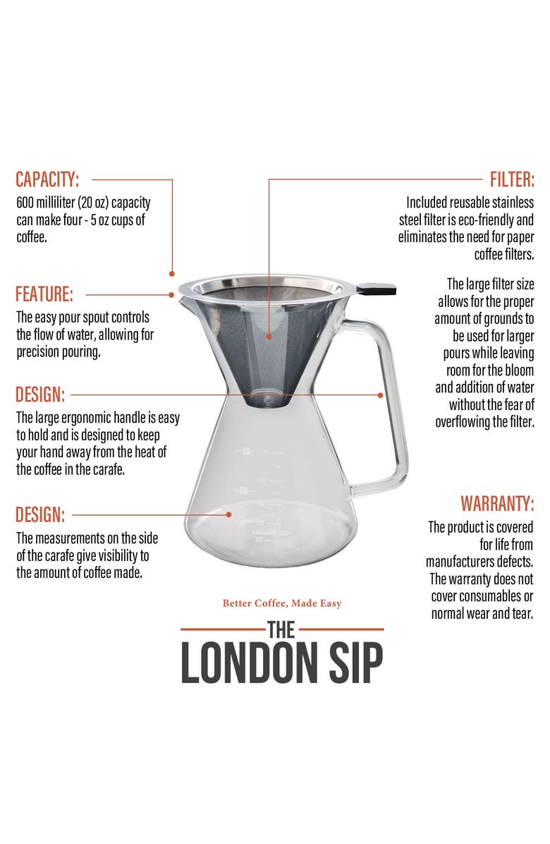London Sip Glass Pour Over Carafe w/ Reusable Filter, 600ml, Alternate, color, Clear