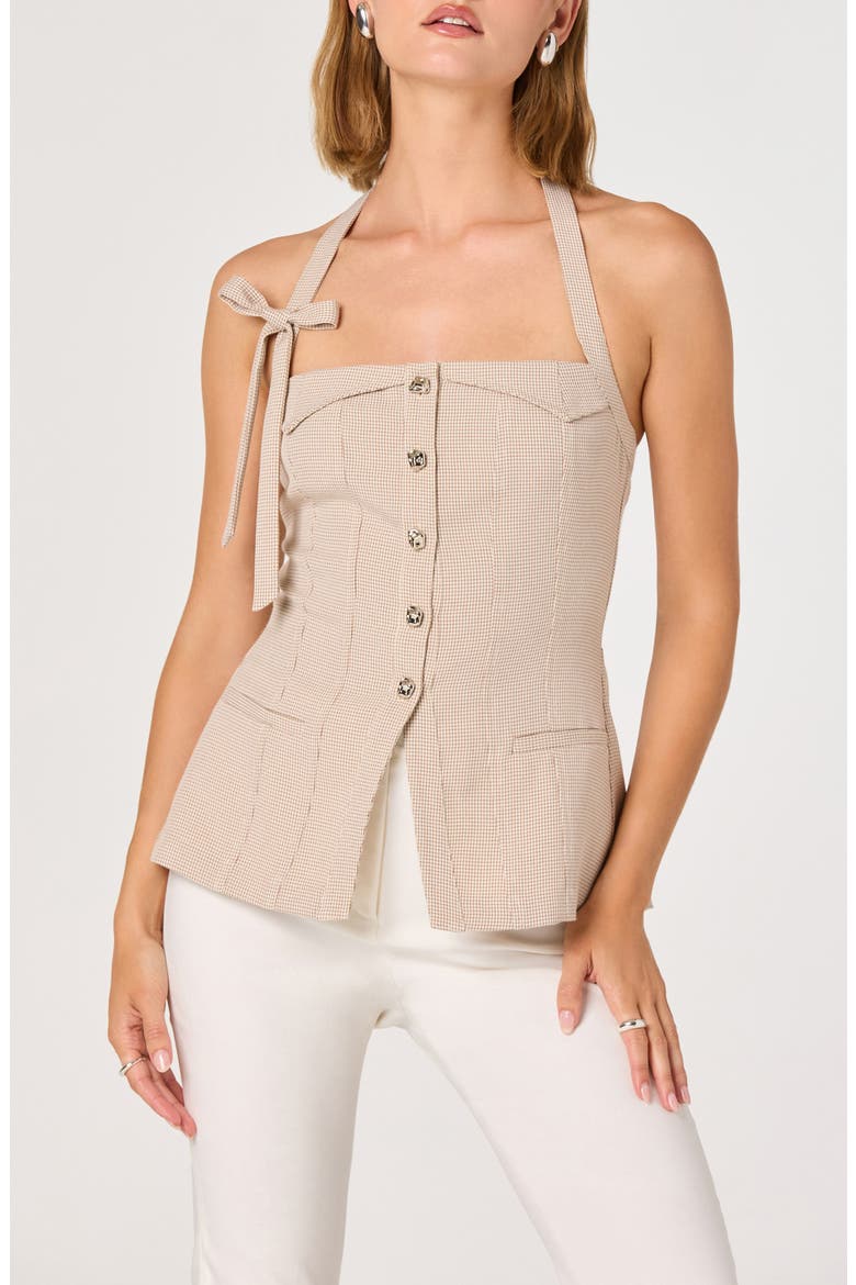 Cithara Gingham Halter Neck Peplum Top, Main, color, TAN CHECKER