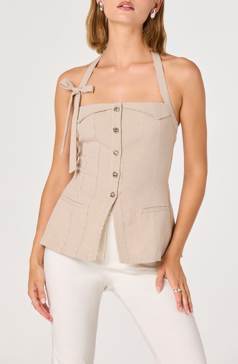 ASTR the Label Cithara Gingham Halter Neck Peplum Top, Main, color, Tan Checker