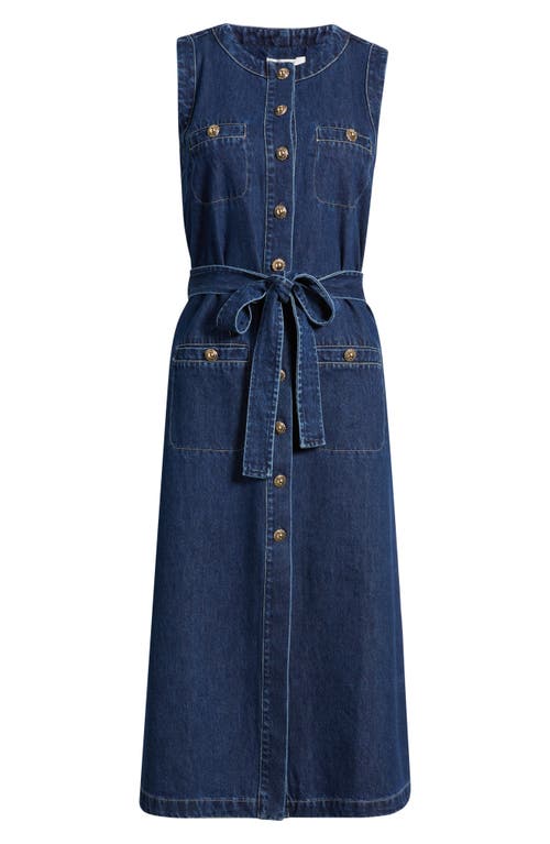 Zoe And Claire Sleeveless Belted Denim Dress In Blue