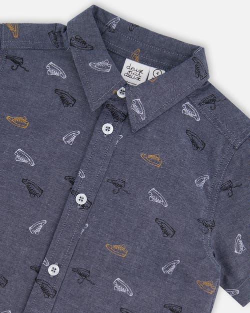 Deux Par Deux Boy's Printed Chambray Short Sleeve Shirt Gray, White And Tan